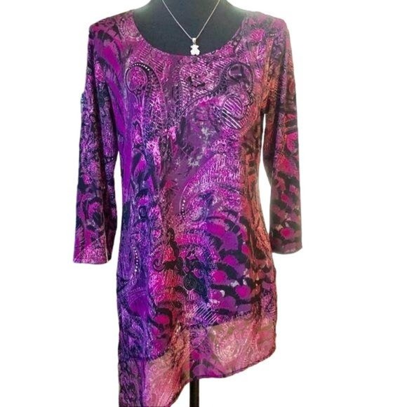 NY Collection Asymmetrical Top Purple Tiger Small Womens Casual Tunic Cute - Picture 1 of 5